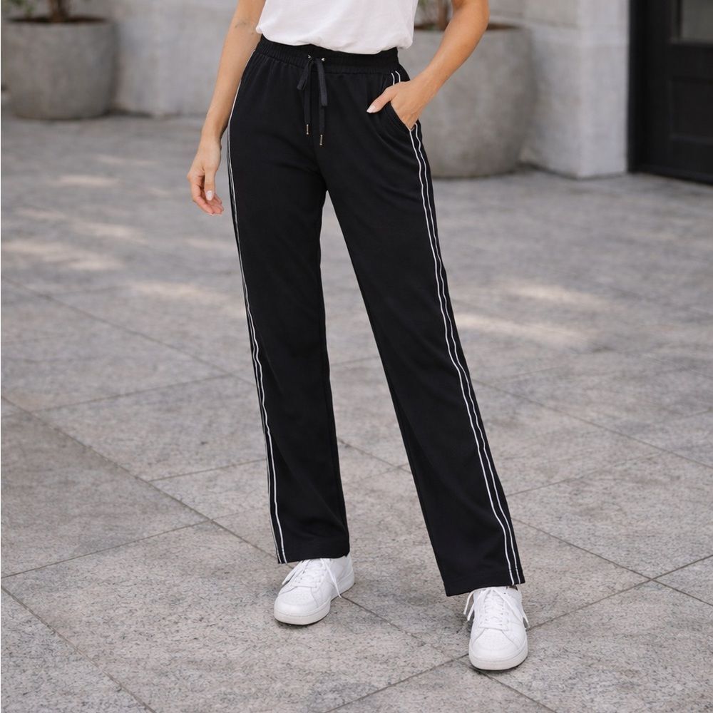 Boston Proper Drawstring Side Stripe Lounge Travel Track Wide Leg Pants